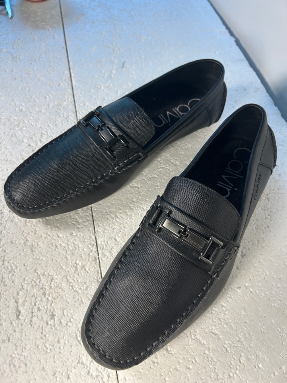 Calvin Klein NWOT SZ12 Magnus Black Leather Driving Loafers Modern Academia Prep